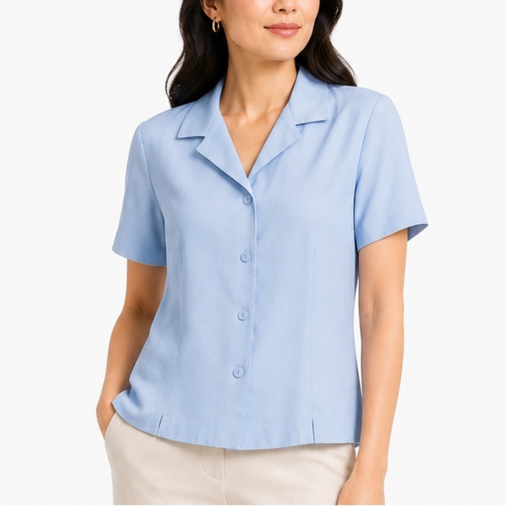 Sag Harbor Light Blue Short Sleeve Button Front Career Blouse Large Vintage